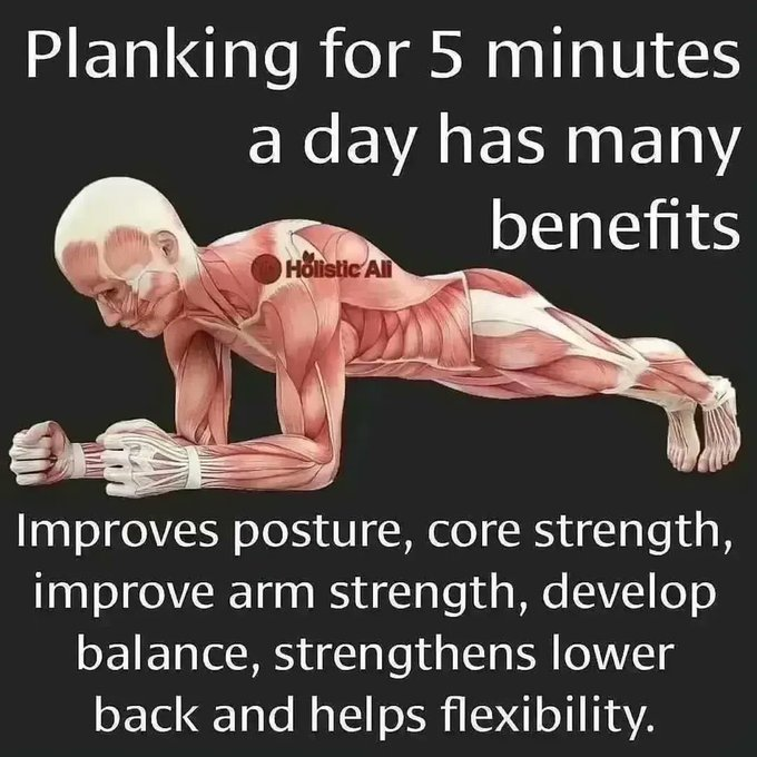 1.(プランクポーズ):
5 分間のプランクの効果:
• 体幹を鍛える
• 姿勢を改善する
• 腕と背中を強化します
• バランスと安定性を高める
• 柔軟性を高める
すべては 1 つの簡単なポーズから。器具は必要ありません。