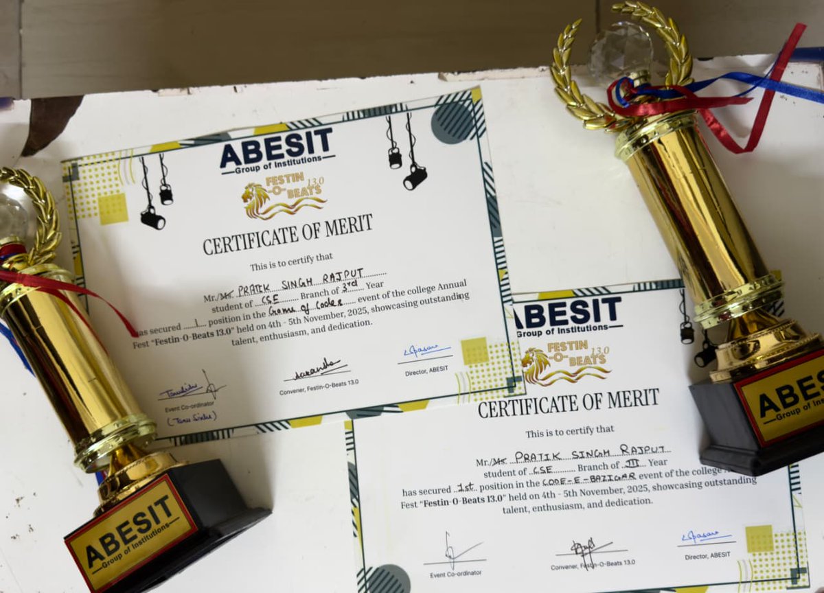 pratikrajput160's tweet image. Thrilled to share that I secured the 1st Place in the CODE-E-BAZIGAR and Game of Codes at Festin-O-Beats 13.0! Had an amazing time competing at ABESIT, Ghaziabad. Grateful for the experience and the wins!

#FestinOBeats #ABESIT #CodingCompetition #Winner #TechFest #CSE