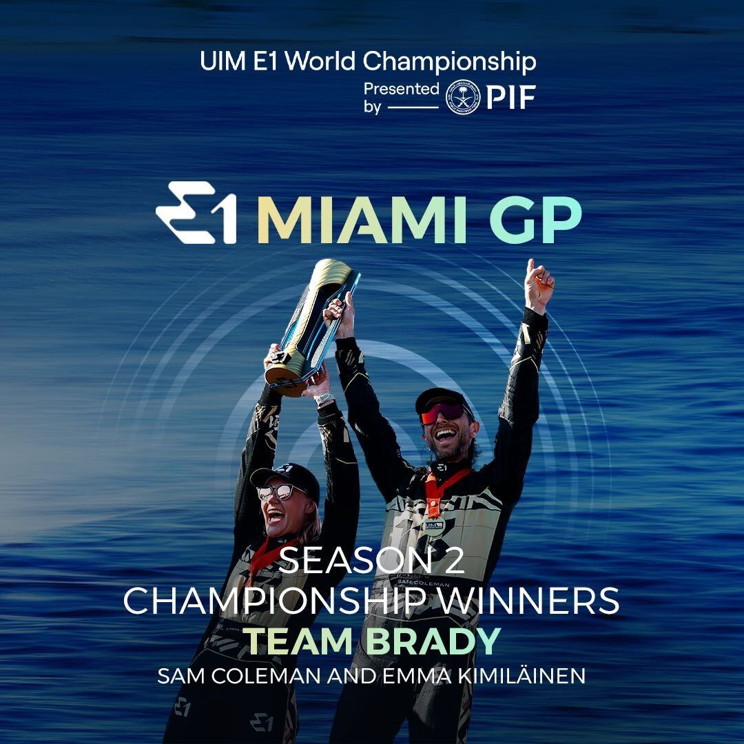 PIF_en's tweet image. After a season of relentless competition, Team Brady has triumphed at the UIM E1 World Championship Presented by PIF in Miami. Celebrate the crowning moment of the @E1series, as it shapes the future of mobility.