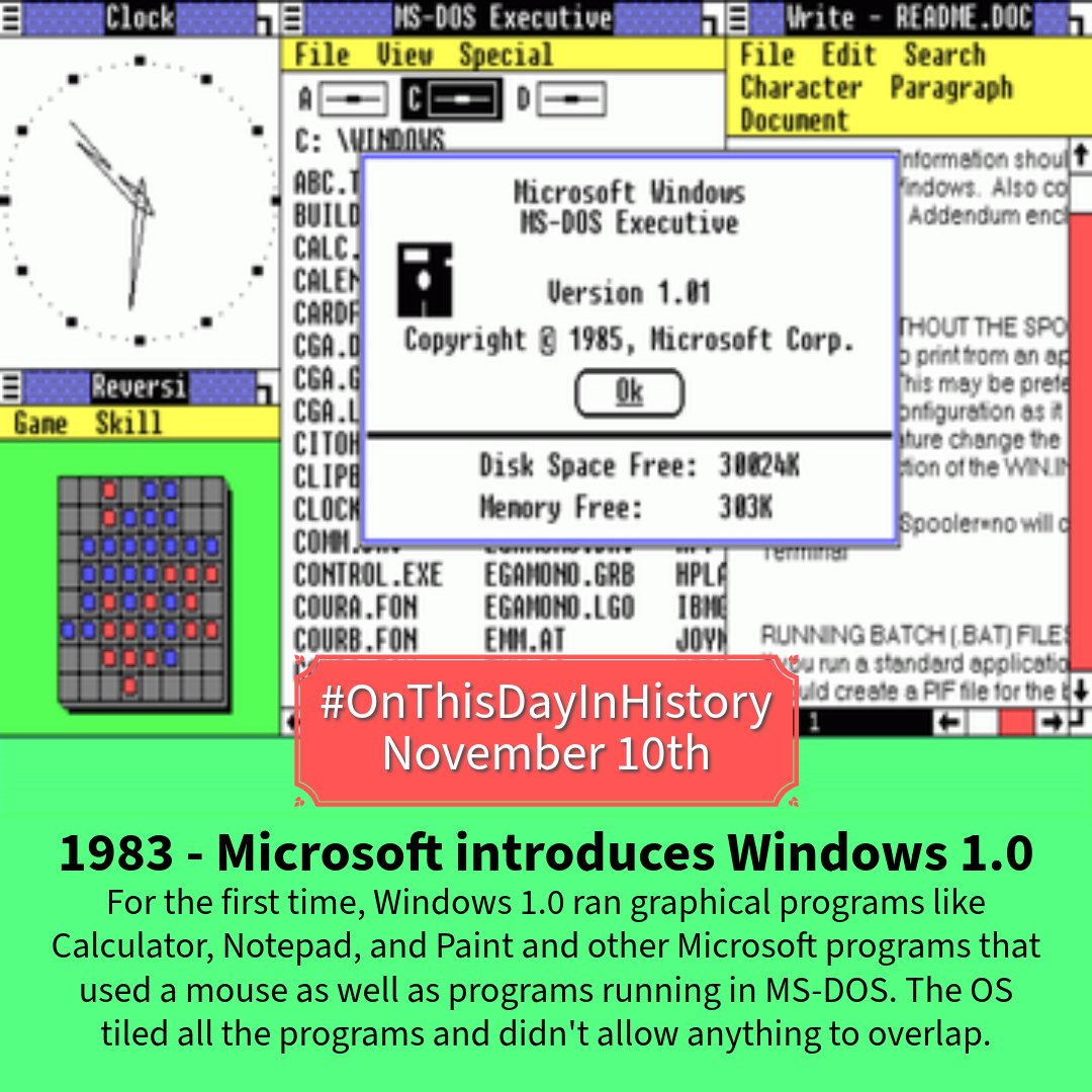 HCCLibraries's tweet image. No, that&apos;s not a typo!  Windows 1.0 came out in 1983 and was actually considered something of a flop.  Forty-two years later the current Microsoft operating system is Windows 11. #OnThisDayInHistory