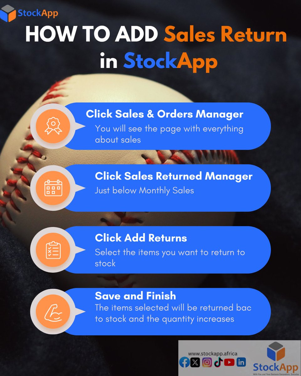 StockApp's tweet image. Made a wrong sale or need to restock a returned item? 🔄
Here’s how to return sales to stock in StockApp 👇

1️⃣ Click Sales &amp;amp; Orders Manager
2️⃣ Click Sales Returned Manager
3️⃣ Select items &amp;amp; save ✅

Keep your records accurate always! 💪
#StockApp #SmartInventory