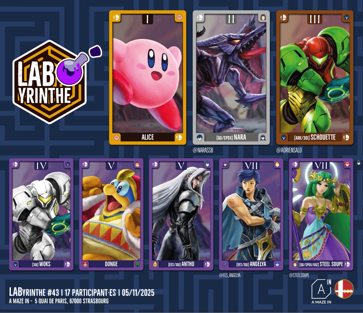 LAByrintheSmash's tweet image. Ce Labyrinthe #43 est remporté par Alice et sa petite boule rose ! Le terrifiant Poyo a triomphé de redoutables adversaires pour obtenir sa première victoire d'un Labyrinthe. @NaraSSB et son Ridley ainsi que @AdrienSalo et sa Samus viennent compléter le podium

Félicitations !
