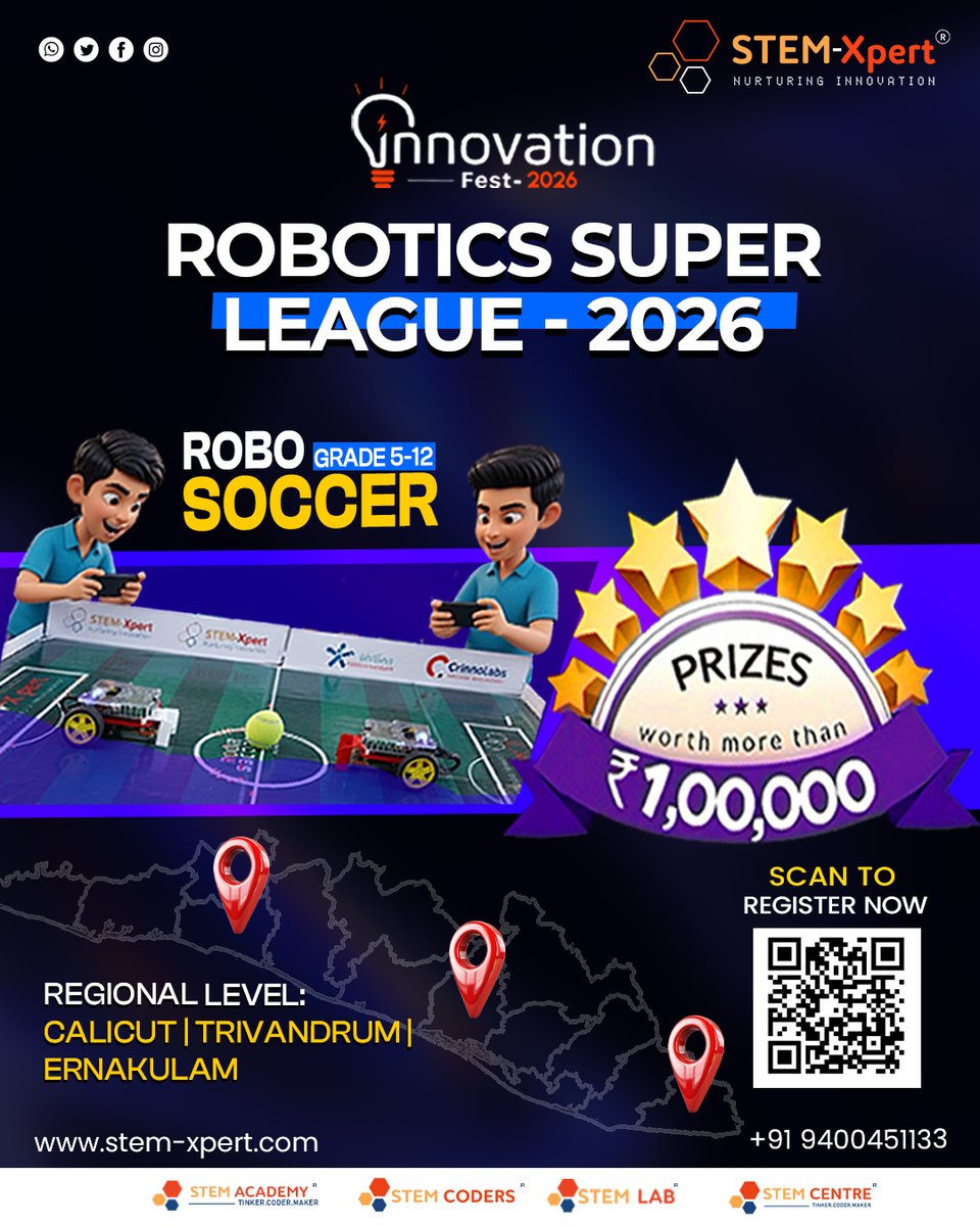 STEMXpert's tweet image. Future Engineers, Assemble! 🤖⚽
Robotics Super League 2026: Robo Soccer is here. Compete in AI &amp;amp; Robotics.
Grades 5-12 (Robo Soccer)
Scan the QR Code. Register your team today!
🌐 stem-xpert.com
📞 +91 9400451133
#RoboSoccer #STEMChallenge #Robotics2026 #Coding #AISkill