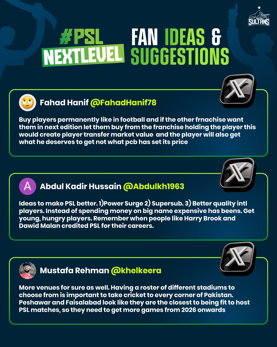 MultanSultans's tweet photo. The best ideas come from you all! ๐ซก
Donโt forget to share your ideas and short clips using the hashtag #PSLNextLevel ๐ https://t.co/AIxipB9LL5
