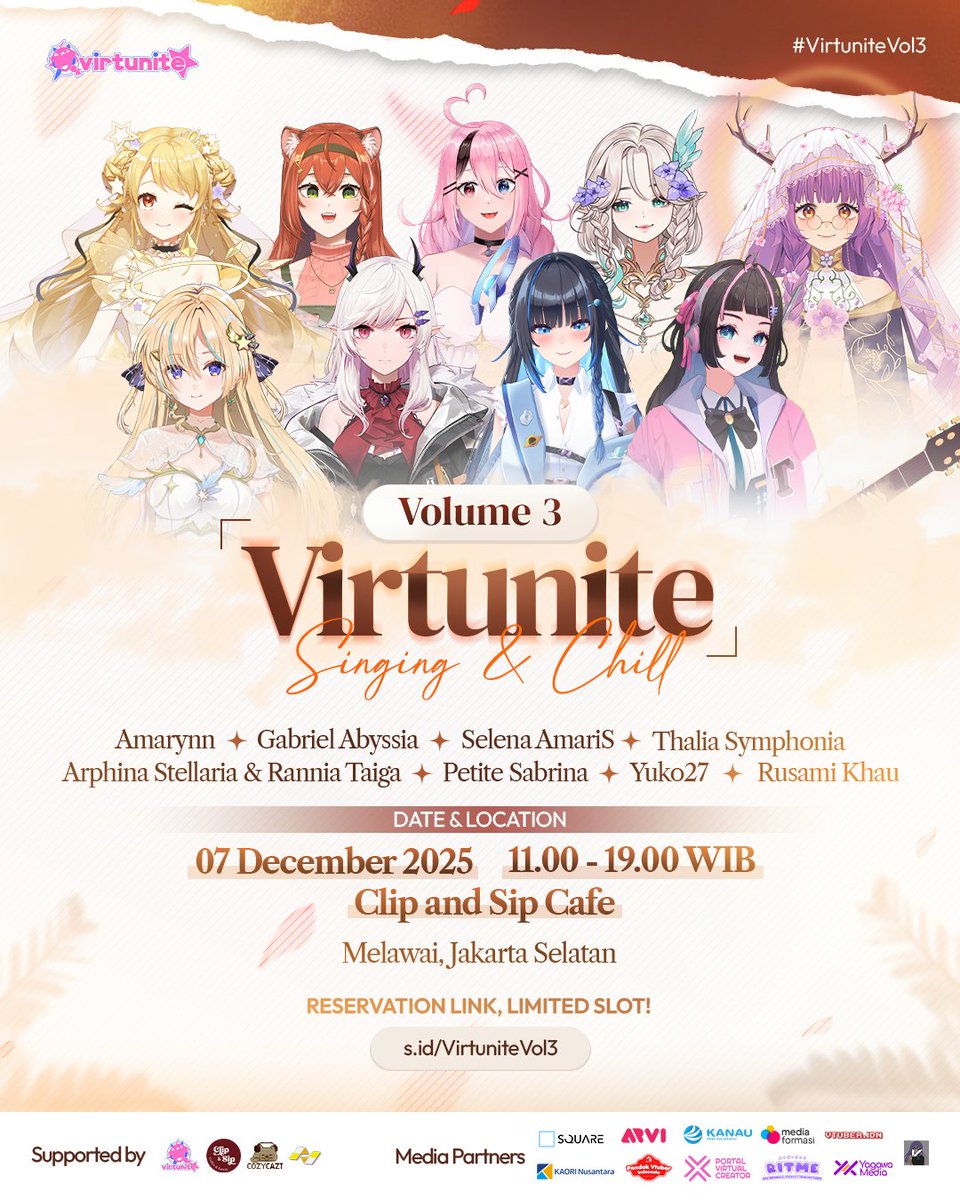 Registrasi Acara Karaoke bareng bersama Vtuber yaitu VIRTUNITE yang ke-3 dengan tema SINGING &amp; CHILL sudah resmi dibuka!

🗓️ Minggu 7 Desember 2025
🕒 11:00-19:00 WIB
📌 Clip&amp;Sip Cafe, Jakarta Selatan
🎫 s.id/VirtuniteVol3