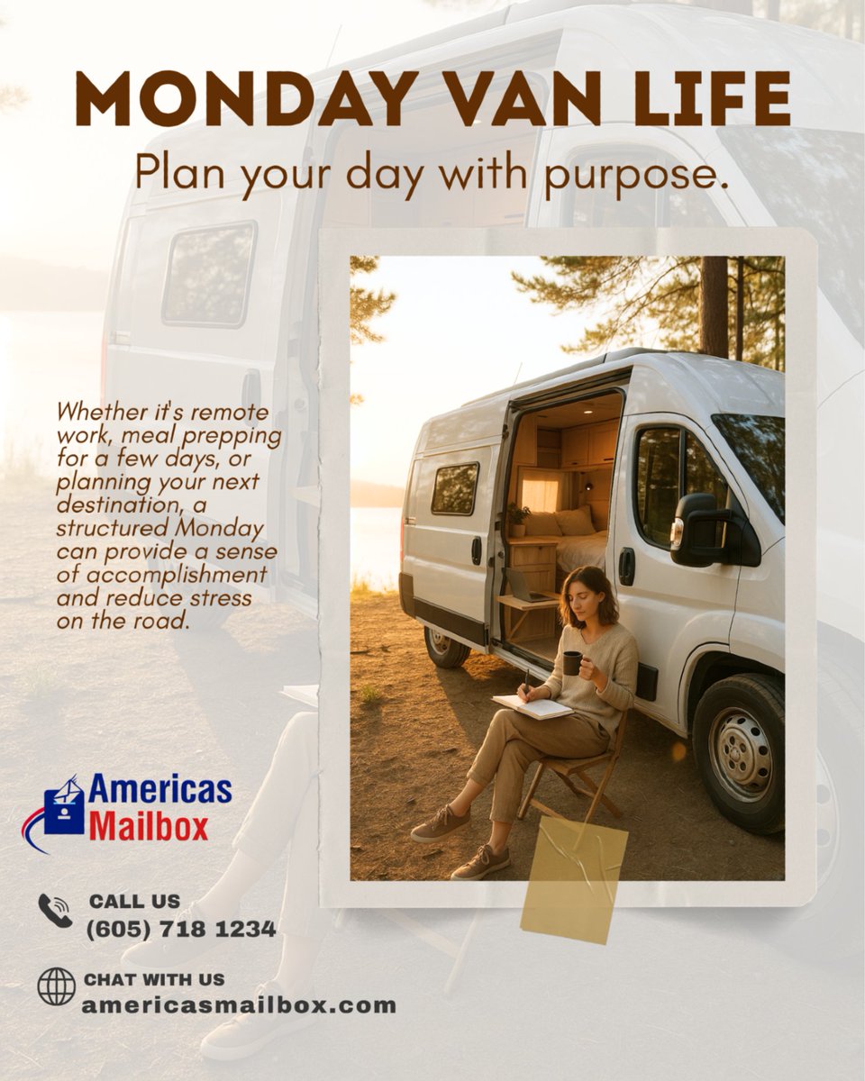 Start your week with intention. 📝☀️
Learn more or chat with us at americasmailbox.com

#VanLifeMonday #VanLife #PlanWithPurpose #VanLifeDaily #VanLifeMoments #RoadLife #LifeOnTheRoad #VanLifeVibes #MorningRoutine #VanLifeCommunity #HomeIsWhereYouParkIt #Adventure