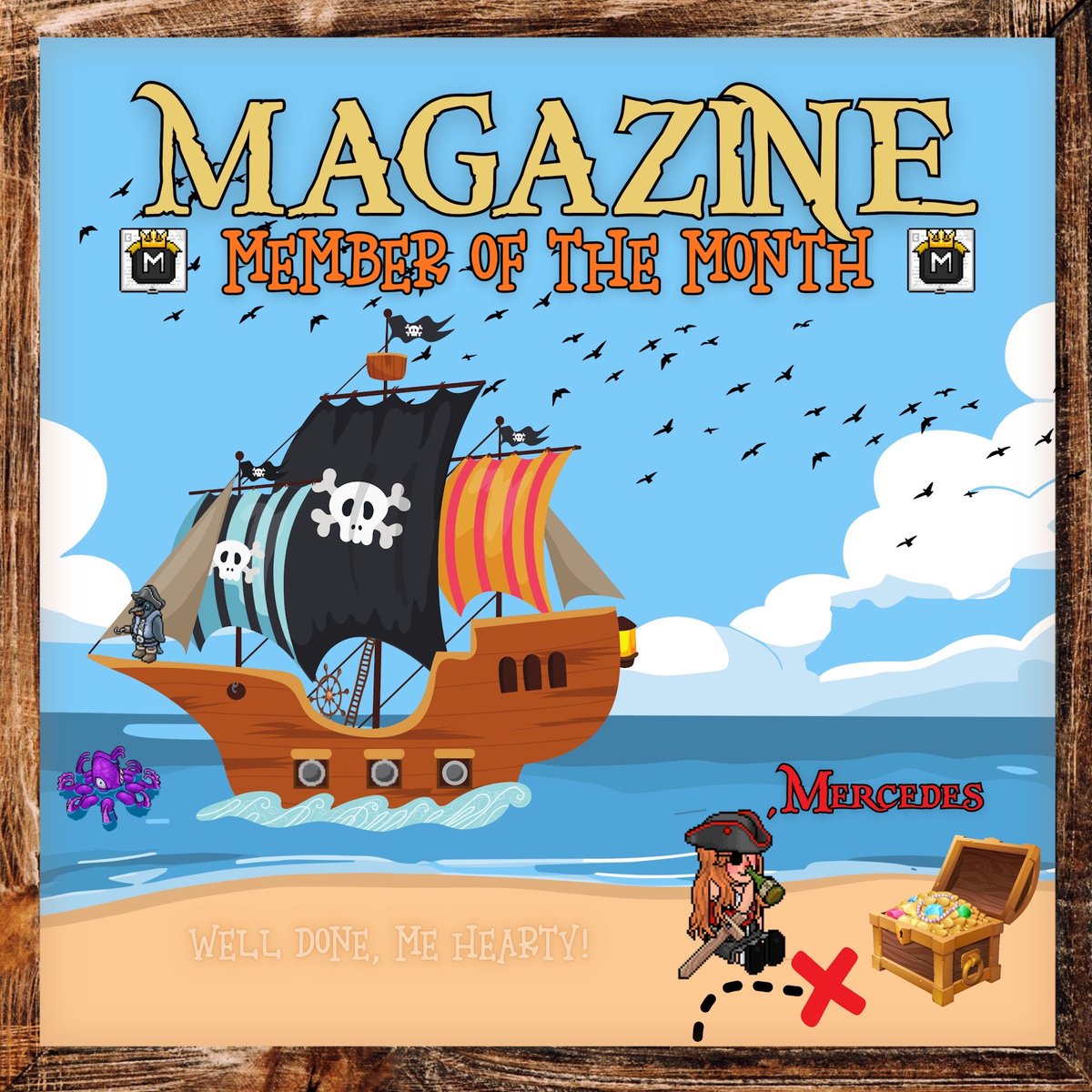 Shiver me timbers! HIA's treasured member ,Mercedes is making waves in MAG and was awarded Magazine Member of the Month! Well done, me hearty! | created by moonwaves #Habbo #HIA #HIAMagazineMOTM