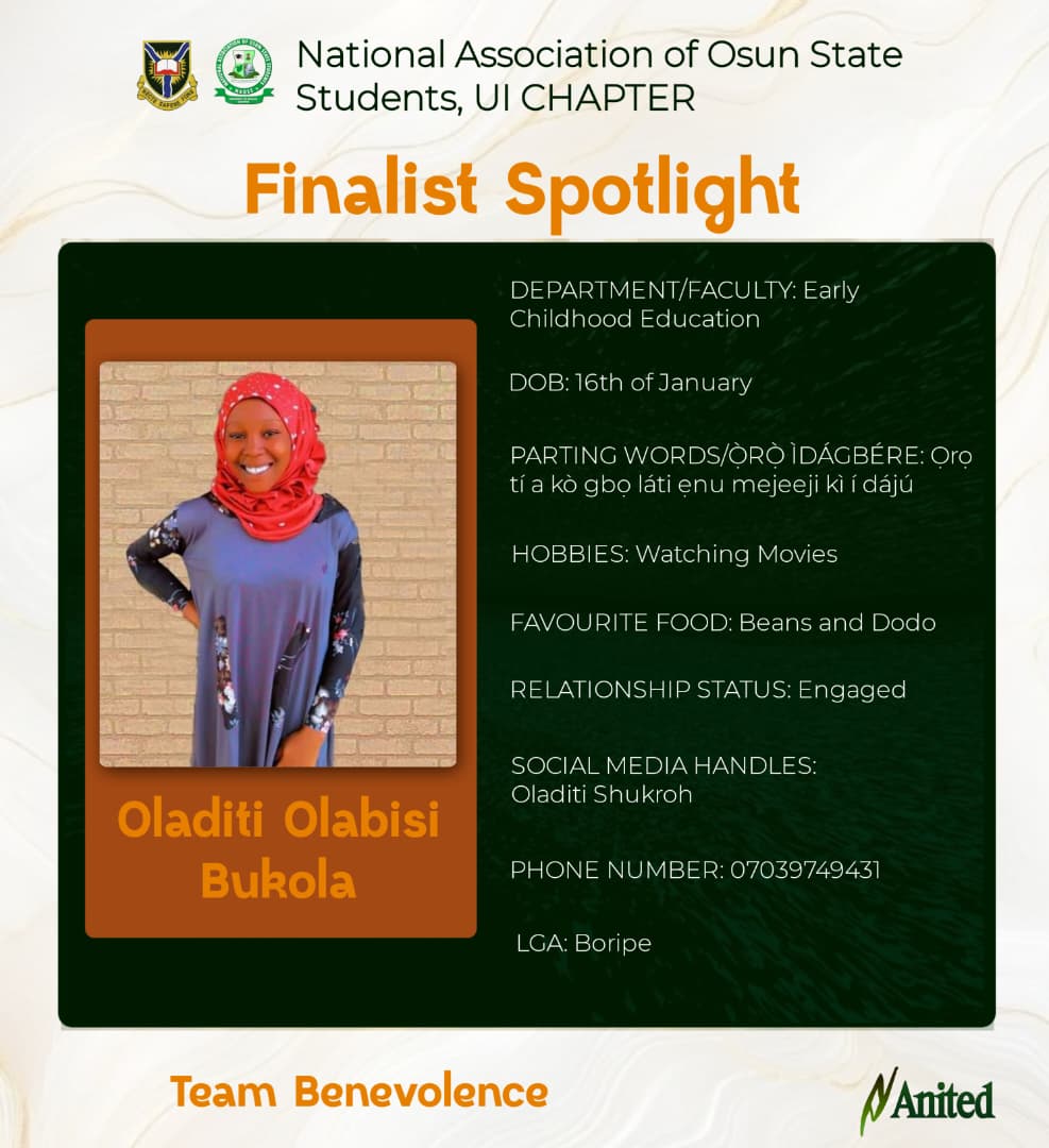 naoss_ui's tweet photo. 🌟 Finalist Spotlight: Oladiti Olabisi Bukola 🌟

Osun oo! 🗣️ Ọmọ Lúwàbí to gbàgbọ́ n’íwà rere!  
Meet Oladiti Olabisi Bukola, a radiant star from Boripe LGA and a proud finalist in Early Childhood Education at UI. She’s smart, graceful, and deeply rooted in Yoruba values. https://t.co/cNZ9uM2GZL