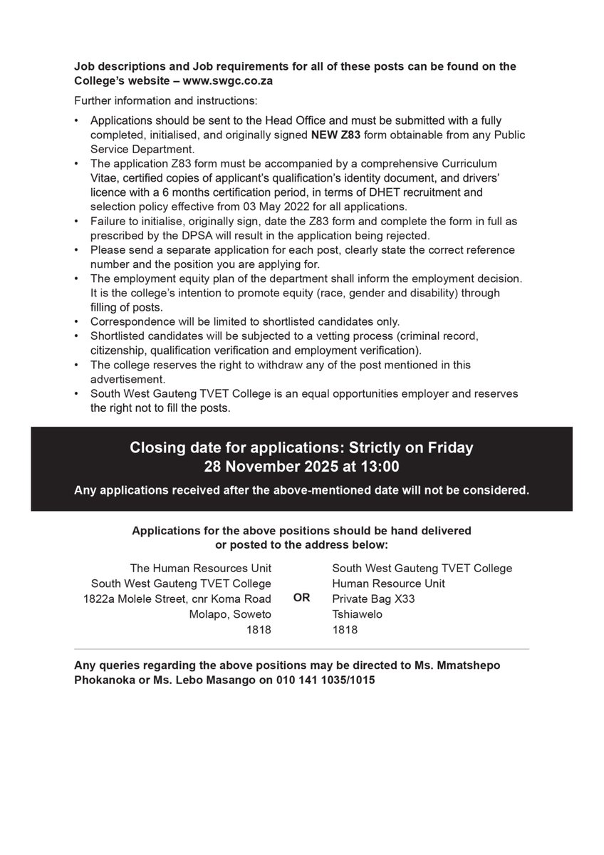 📢 SWGC has advertised vacant posts! 

Apply before the deadline. 

Visit 👉 swgc.co.za for full details. Your next opportunity could be here! 

#SWGCJobs #ApplyNow #CareerOpportunity
