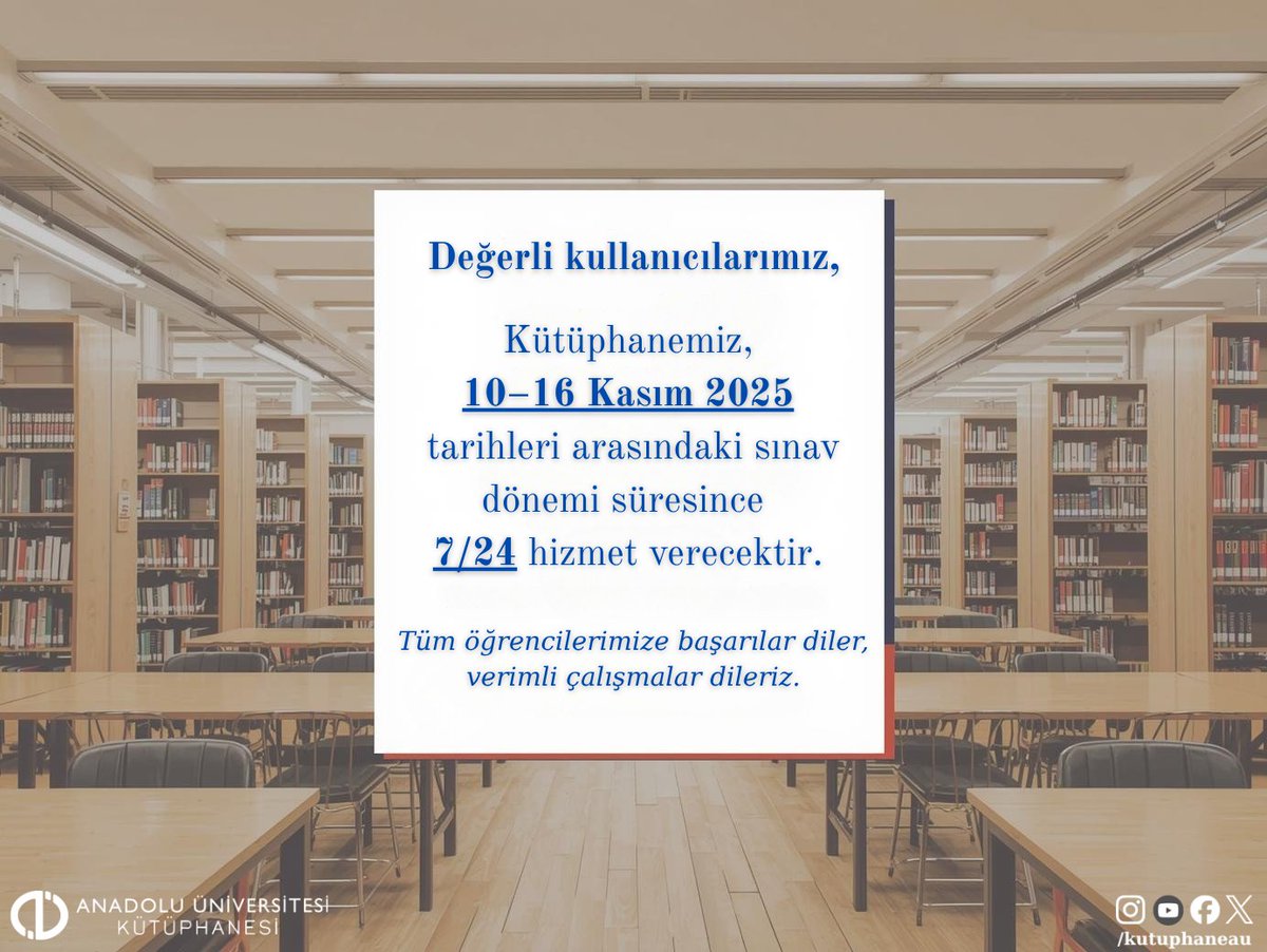 📚Kütüphanemiz, 10–16 Kasım sınav haftası boyunca 7/24 açık!
Tüm öğrencilerimize başarılar dileriz. 🌙📖
#AnadoluÜniversitesi #Kütüphane #SınavHaftası #724Açık