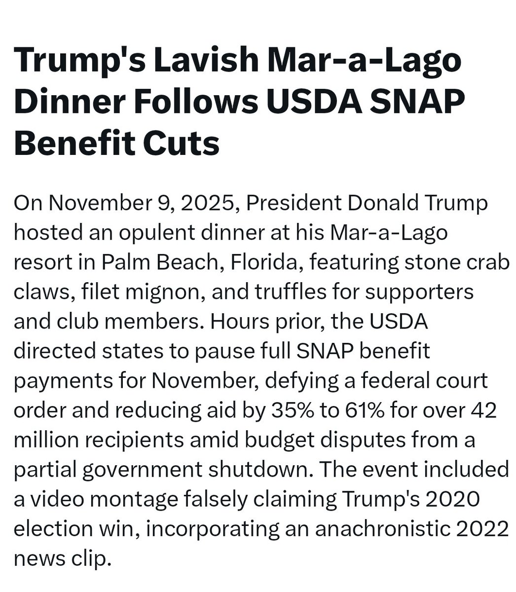 llMichael's tweet image. THIS IS A MAN WHO'S FOR THE PEOPLE???
41 MILLION PEOPLE WITHOUT FOOD AND THEY ALL FEAST ON STEAKS AND CRABS.

WHAT'S WRONG WITH THIS COUNTRY TO ALLOW OUR LEADERS DO THIS.

ENOUGH!!!!