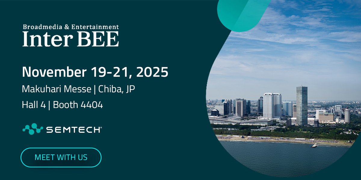 SemtechCorp's tweet image. Inter BEE 2025—Experience the future of broadcast and video connectivity with #Semtech. Visit us at booth #4404 for live demos on high-speed signal integrity, Video over IP, and advanced interface solutions. 
Register now to meet our team: hubs.la/Q03S5P9G0
