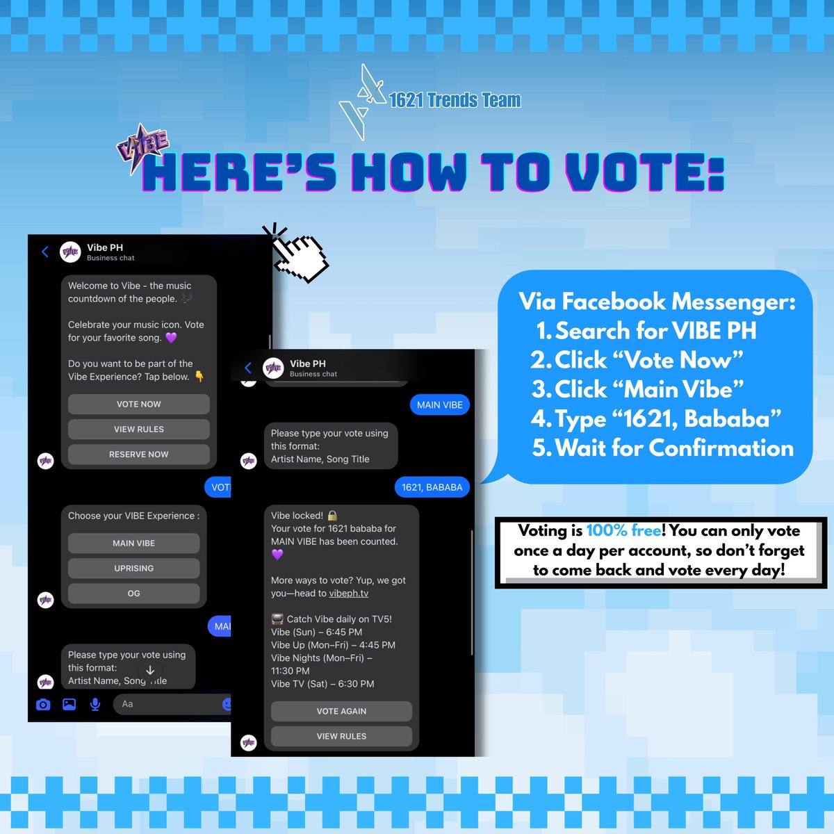 1621TrendsTeam's tweet photo. [🗳️] Guardians, it’s Bababa o’clock
Let’s kick-off our mission to bring 1621 'Bababa' to the @vibephtv Main Vibe charts! 

You can vote in 3 fun ways:
1️⃣ FB Messenger: https://t.co/ERtM2mrWuz 
2️⃣ SMS (Smart/TNT)
3️⃣ Power Voting: https://t.co/Z9MXKHBcVa 

#1621ph @1621ph https://t.co/E5fcoWQSgM
