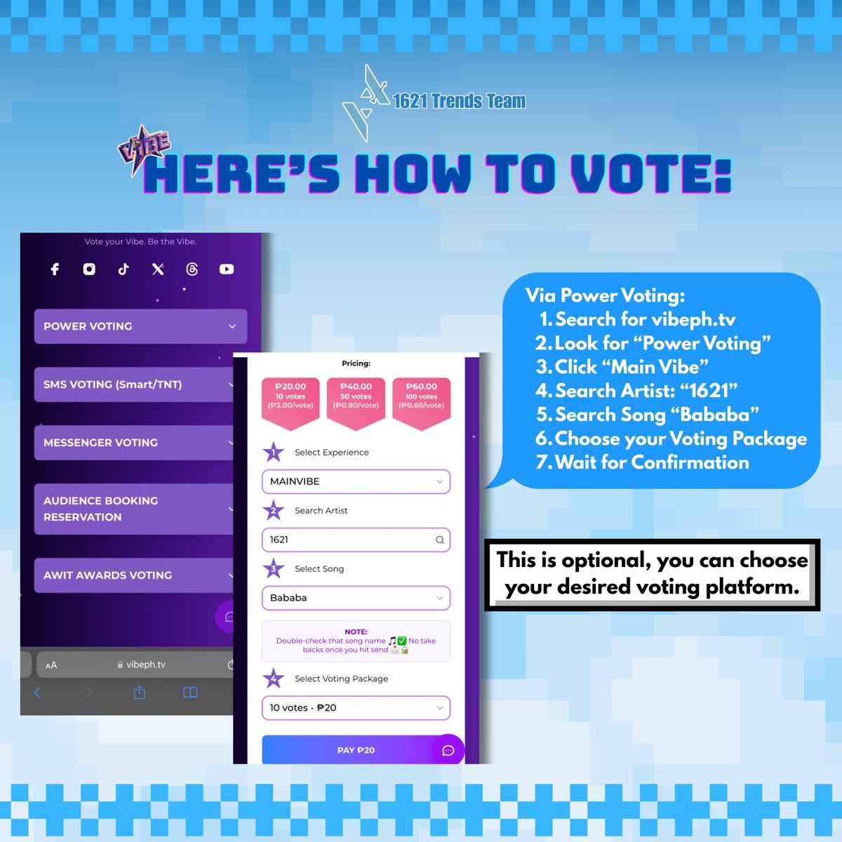 1621TrendsTeam's tweet photo. [🗳️] Guardians, it’s Bababa o’clock
Let’s kick-off our mission to bring 1621 'Bababa' to the @vibephtv Main Vibe charts! 

You can vote in 3 fun ways:
1️⃣ FB Messenger: https://t.co/ERtM2mrWuz 
2️⃣ SMS (Smart/TNT)
3️⃣ Power Voting: https://t.co/Z9MXKHBcVa 

#1621ph @1621ph https://t.co/E5fcoWQSgM