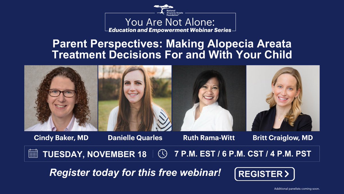Join us for our You Are Not Alone free webinar, which will bring together a panel of parents who will discuss factors that influenced their #alopeciaareata treatment decisions, how they've talked with their children, and what they’ve learned. Register at the link in our bio.
