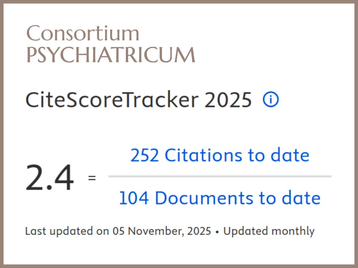 consortiumpsy's tweet image. 📈 Consortium PSYCHIATRICUM #CiteScore Tracker (#Scopus) keeps growing — now 2.4!
Our articles are most often cited in @BioMedCentral (BMC) journals — a sign of growing global visibility.

Thank you for choosing and supporting us. 🤝
#Psychiatry #OpenAccess