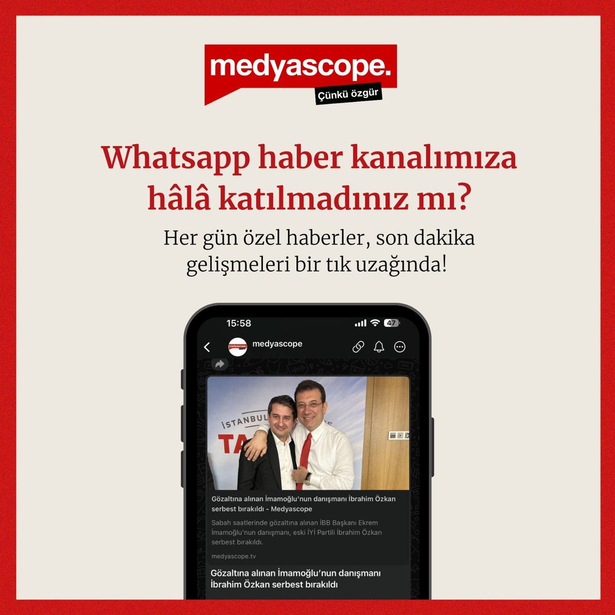 medyascope's tweet photo. Bağımsız habercilik artık bir tık uzağınızda

🔴 Son dakika gelişmeler

🎙️ Özel haber ve röportajlar

📺 Canlı yayın hatırlatmaları

Hemen katılın⬇️ 
https://t.co/ejmdaOytMx https://t.co/r0S9pzyYvi