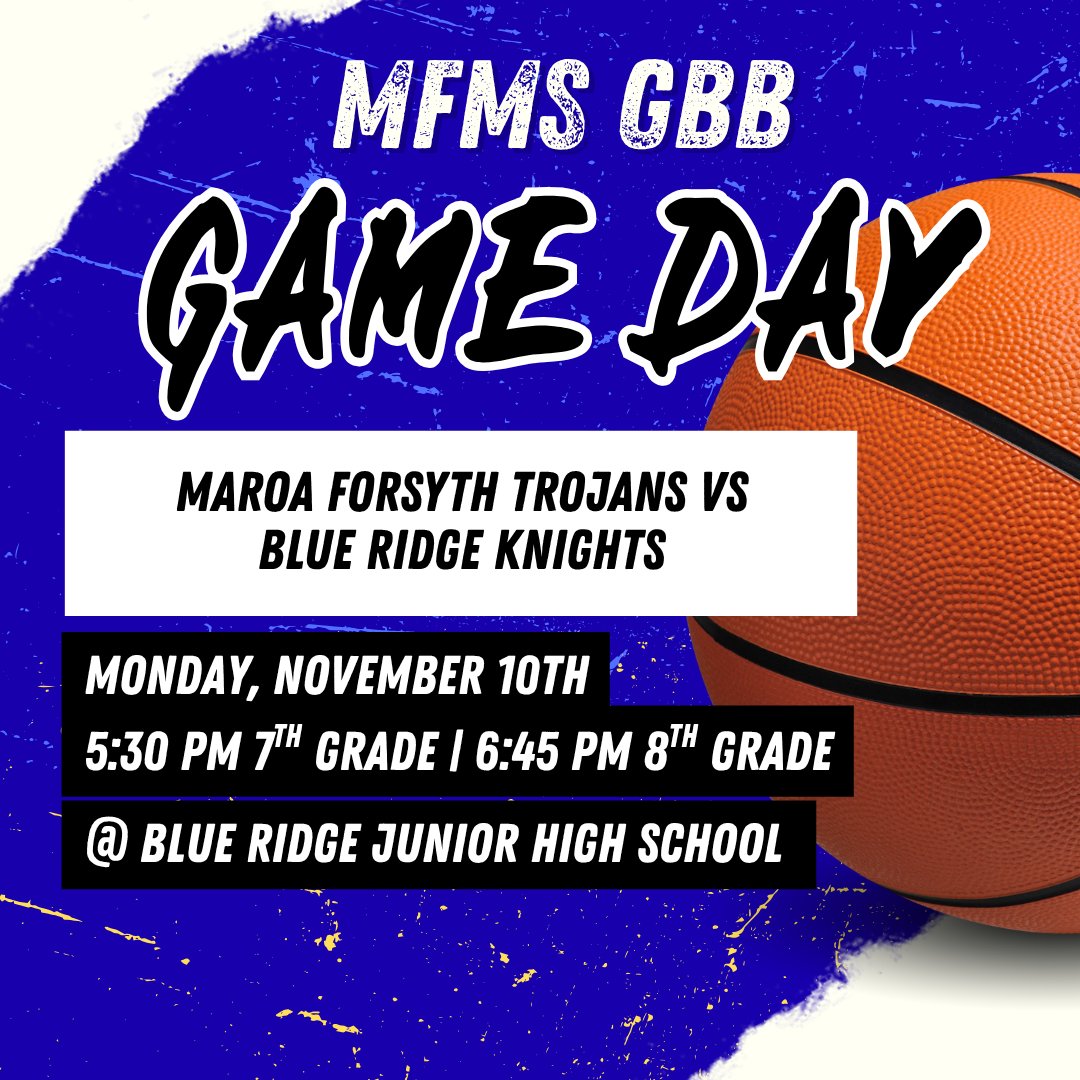 🏀GAME DAY🏀
🆚Blue Ridge
⌚5:30 pm (7th) | 6:45 pm (8th)
🏫Blue Ridge Intermediate School
📍107 S McKinley St, Mansfield, IL 61854
