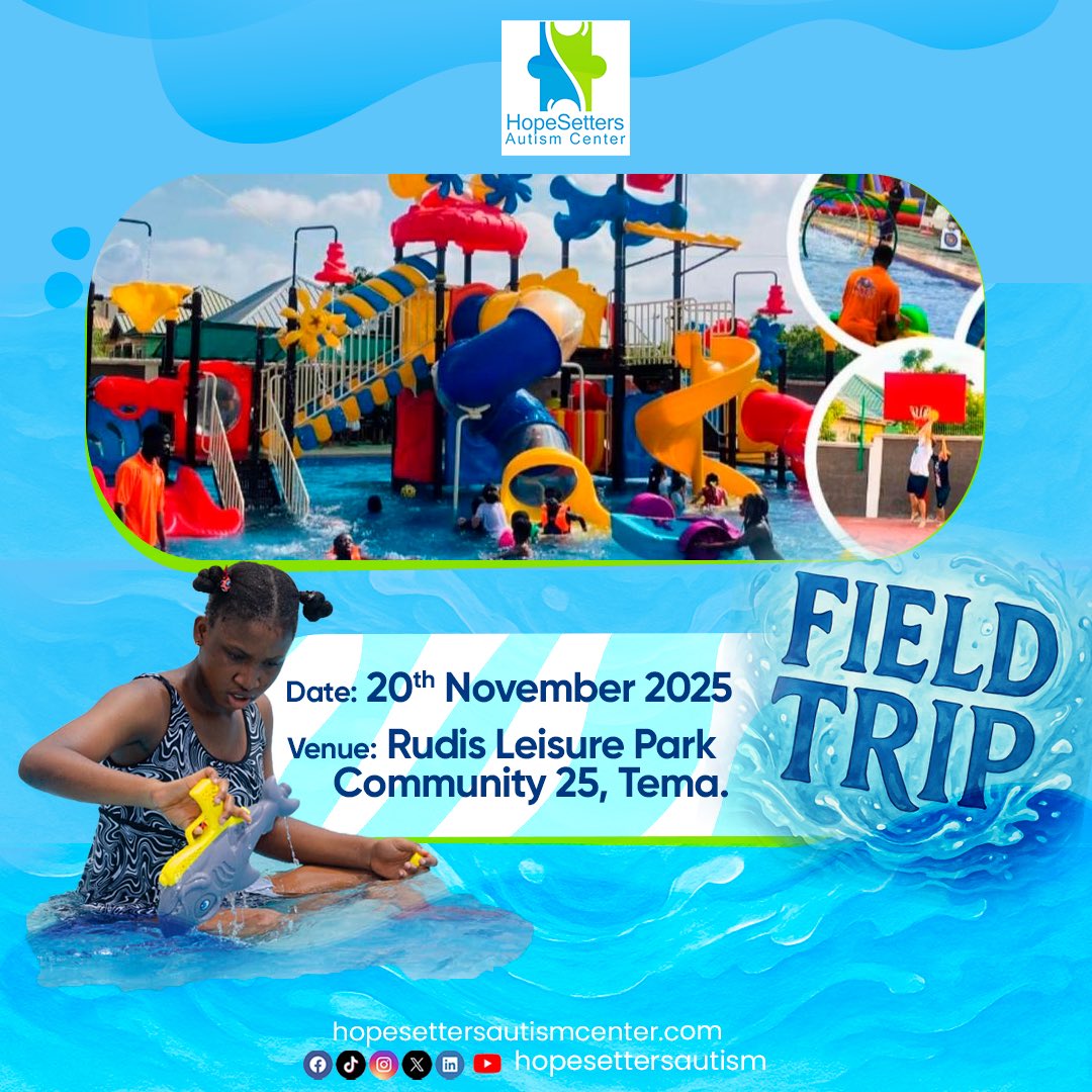 HopeSetters's tweet photo. 💧🌊 Our learners at Hopesetters Autism Center are heading to Rudis Leisure Park, Tema for Aqua Therapy! 

This fun, therapeutic trip will boost motor skills, confidence, social skills, and exposure.
#Autism
#HopesettersAutismCenter
#autismawareness https://t.co/zbAL7H4phN