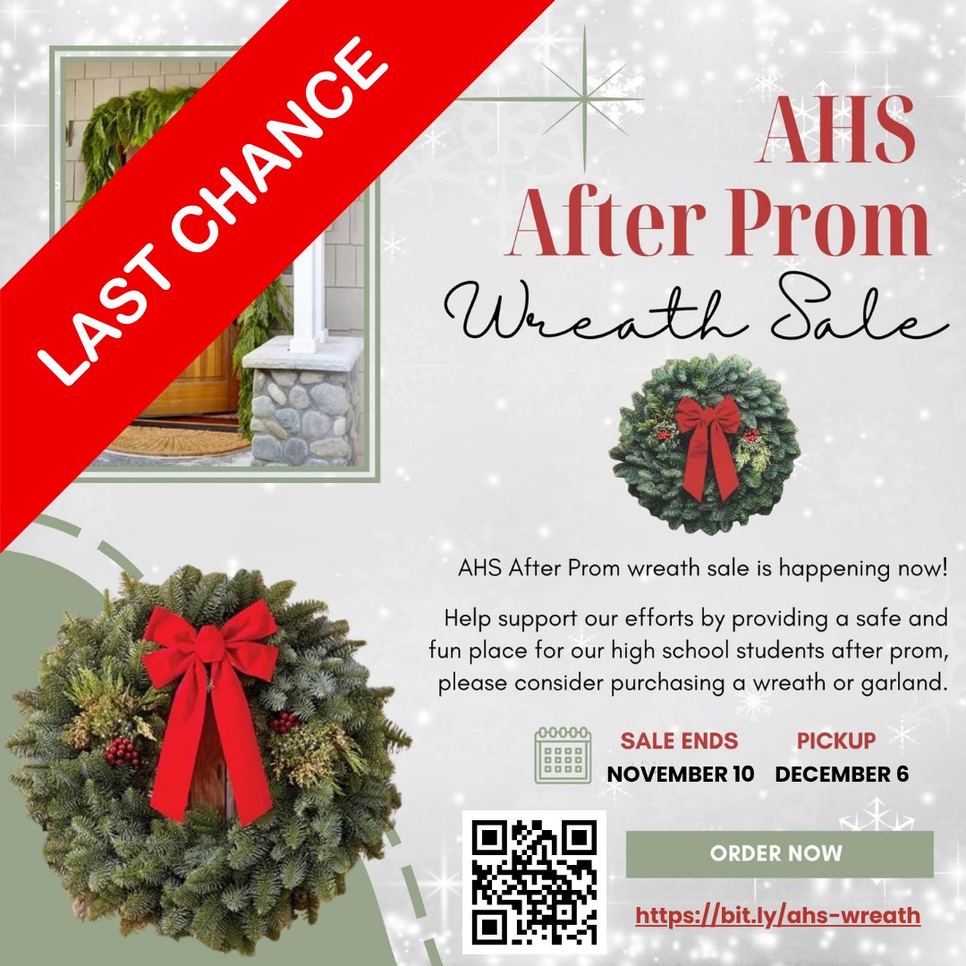 AHSPTO's tweet image. Last call for AHS After Prom Wreath &amp;amp; Garland Orders!
🎄Local pickup: Dec. 6 at AHS
🎁Direct delivery available for out-of-town friends &amp;amp; family
🕕Order before it’s too late: bit.ly/ahs-wreath
Every purchase supports @AndersonRaptors After Prom