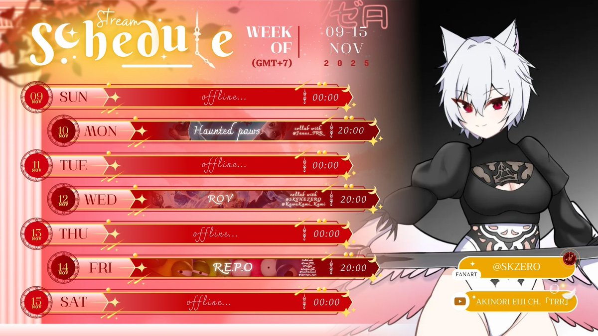 ♡｡ﾟ𝐿𝐼𝒱𝐸 𝒮𝒞𝐻𝐸𝒟𝒰𝐿𝐸｡ﾟ♡
ʚ 09 - 15 NOV ɞ
ตารางไลฟ์ของสัปดาห์นี้มาแล้ว~! 💕เจอกันในสตรีมนะฮะ!

#EijiLive #EijiTRR #Vtuber #VtuberTH