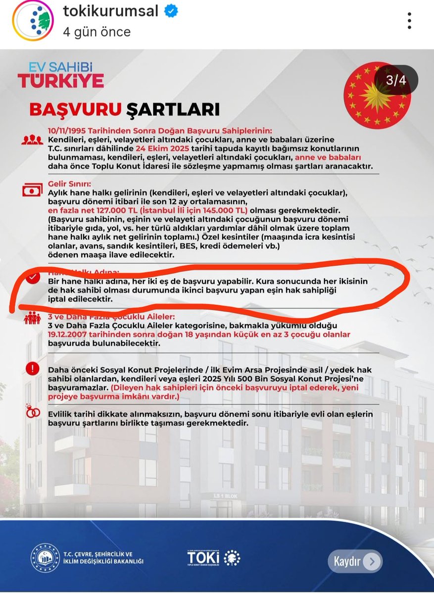 osmangakko's tweet photo. @Toki_Kurumsal Sayın @Toki_Kurumsal  kırmızıyla işaretlediğim Bir hane adına her iki eş de başvuru yapabilir diyor doğrumudur instagram sayfasından ekran görüntüsü ile alınmıştır bilgi doğrumudur teşekkürler https://t.co/E8zFAIdYFs