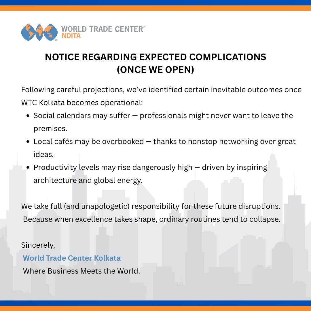 WtcKol's tweet photo. Brace yourselves, Kolkata — disruptions are coming!

Once WTC Kolkata opens, work-life balance might just tilt toward more work, more life, and endless inspiration.

#WTCKolkata #WTCNDITA #BusinessExcellence #WorkRedefined #KolkataRising https://t.co/ua1lytbbPK