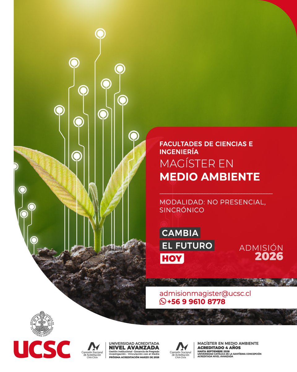 CienciasUCSC's tweet image. Ya se encuentran disponibles las postulaciones al Magíster en Medio Ambiente UCSC, programa que se desarrolla en modalidad online sincrónico. 🌱

📲Para mayor información ingresa a mma.ucsc.cl