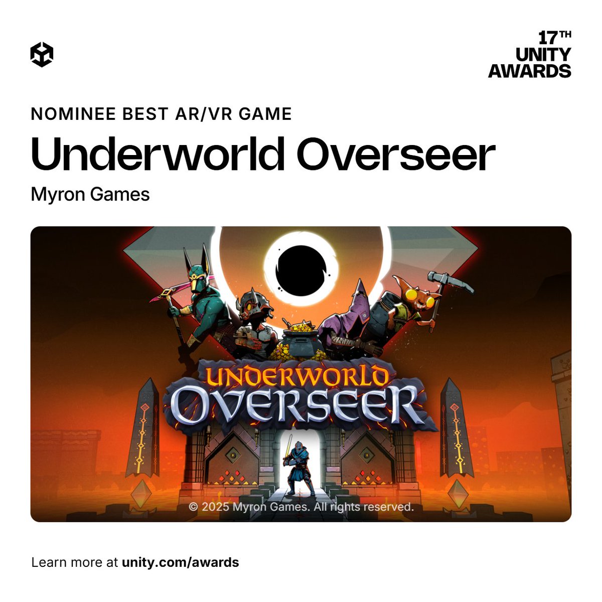 Big news!
Underworld Overseer is nominated for Best AR/VR Game at the #UnityAwards 🎮
Vote now → unity.com/awards
#UnderworldOverseer #MyronGames #VRGame #IndieDev #GameDev #MadeWithUnity #VirtualReality