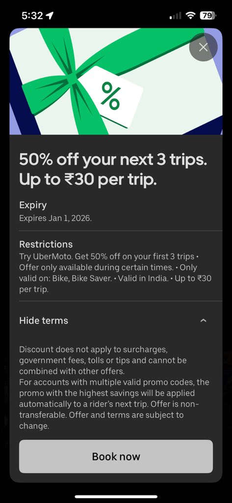 DuhItsDD's tweet photo. @Uber_India @Uber_Support I got a 50% off UberMoto offer but it’s not applying. 

I am an active uber one member, can you please check? Also, there haven’t been any offers for autos or cabs lately. What’s the point of paying for a subscription if there are no benefits? https://t.co/YiIb7cRYeY