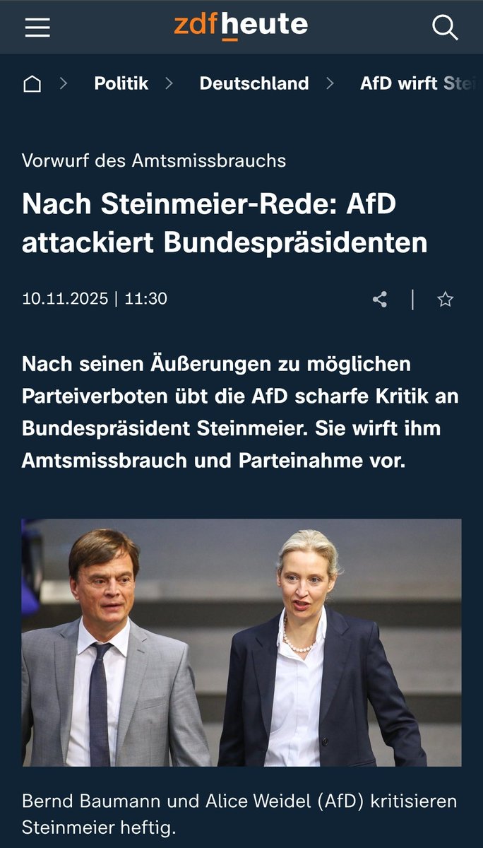 AfD fühlt sich von Steinmeiers Worten provoziert – obwohl er sie nicht erwähnt 🤡

Dass sie sich angesprochen fühlt, obwohl Steinmeier nur das GG zitiert, legt eine gewisse Selbstidentifikation mit dem gemeinten „antidemokratischen Lager“ nahe.

😁