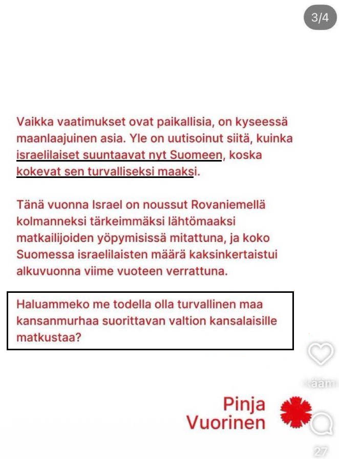 Vasemmistoliiton Pinja Vuorinen kysyy "haluammeko todella olla turvallinen maa" Israelin kansalaisille.

Suomi on historiassa aikaisemmin ollut turvaton maa juutalaisille. Erityisesti kahdeksalle juutalaiselle pakolaiselle vuonna 1942.

Kyllä, haluamme olla turvallinen maa