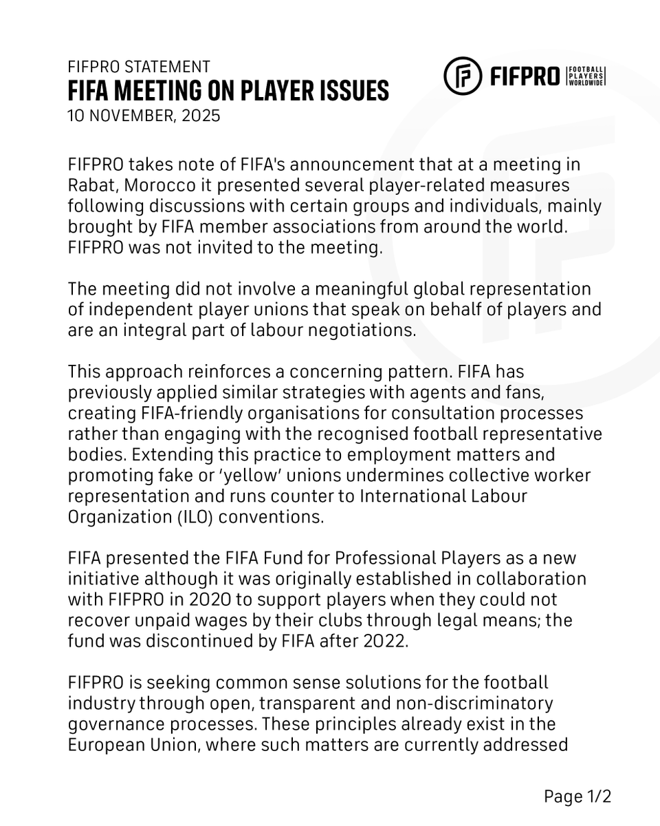 FIFPRO's tweet image. FIFA held a meeting on player issues without involving the recognised global representative of footballers.

FIFPRO’s statement: