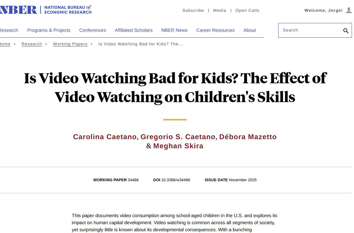 Una hora adicional de consumo diario de vídeos tiene un impacto negativo en las habilidades no cognitivas de los niños, tanto en los comportamientos internalizados (depresión) como en los externalizados (dificultades sociales). nber.org/papers/w34466