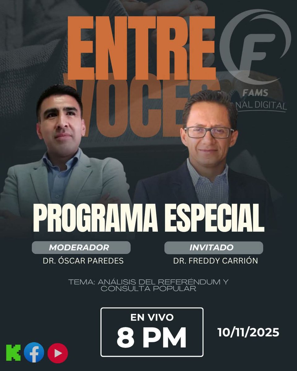 OscarParedes12's tweet image. Esta noche compartiremos un espacio para informarnos, debatir y comprender mejor el momento que vive el Ecuador.
📺 En Entre Voces
🕗 8:00 PM
#EntreVoces #ConsultaPopular2025 #FreddyCarrión #ÓscarParedes #DebateNacional #ecuador