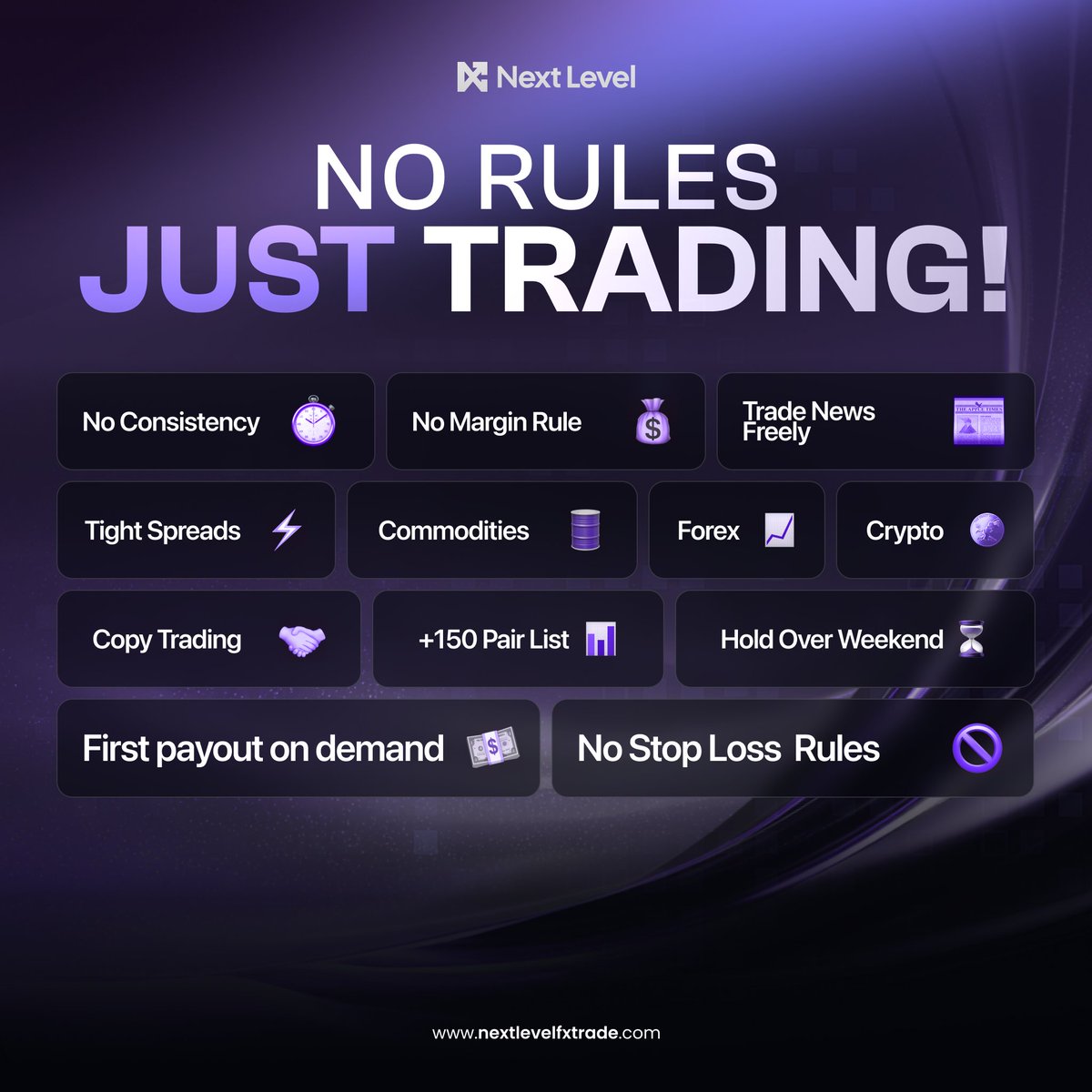 gana__jr's tweet image. 🔥 🔥 🔥 
Exciting news from Next Level!
 No rules, just trading! Enjoy No Consistency, No Margin Rules, Tight Spreads, Copy Trading, +150 Pair List, and more. 

 First payout on demand!  Check it out: nextlevelfxtrade.com #Trading #Investing #NextLevel