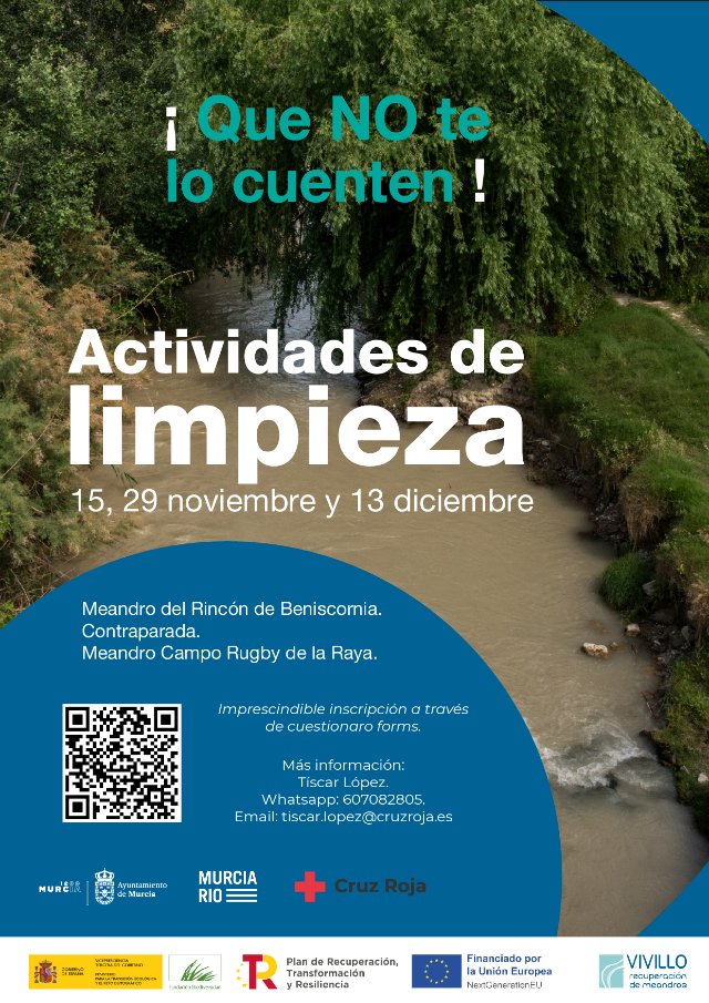 🍃#Voluntariado #ambiental de #Limpieza #Río Segura con <a href="/CruzRojaRMurcia/">Cruz Roja Región de Murcia</a>
👀 3 jornadas de limpieza y sensibilización ambiental en una zona del Río Segura:
✔️Sábado 15 de noviembre
✔️Sábado 29 de noviembre
✔️Sábado 13 de diciembre
Info e inscripción 👇

informajoven.org/convocatorias/…