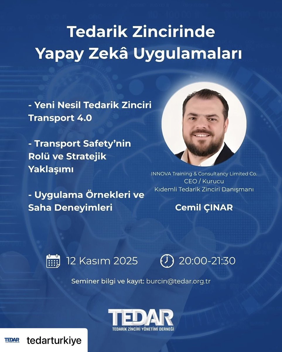 Tedar ile birlikte Tedarik Zincirinde Yapay Zekâ Uygulamaları üzerine sohbet edecek ve güncel saha deneyimlerimizi aktaracağımız seminerde bir araya geleceğimiz için heyecanlıyız 😃 Detaylar ve daha fazlası Tedar’da!

@cemilcinar 

#yapayzeka #tedarikzinciri #supply #supplychain