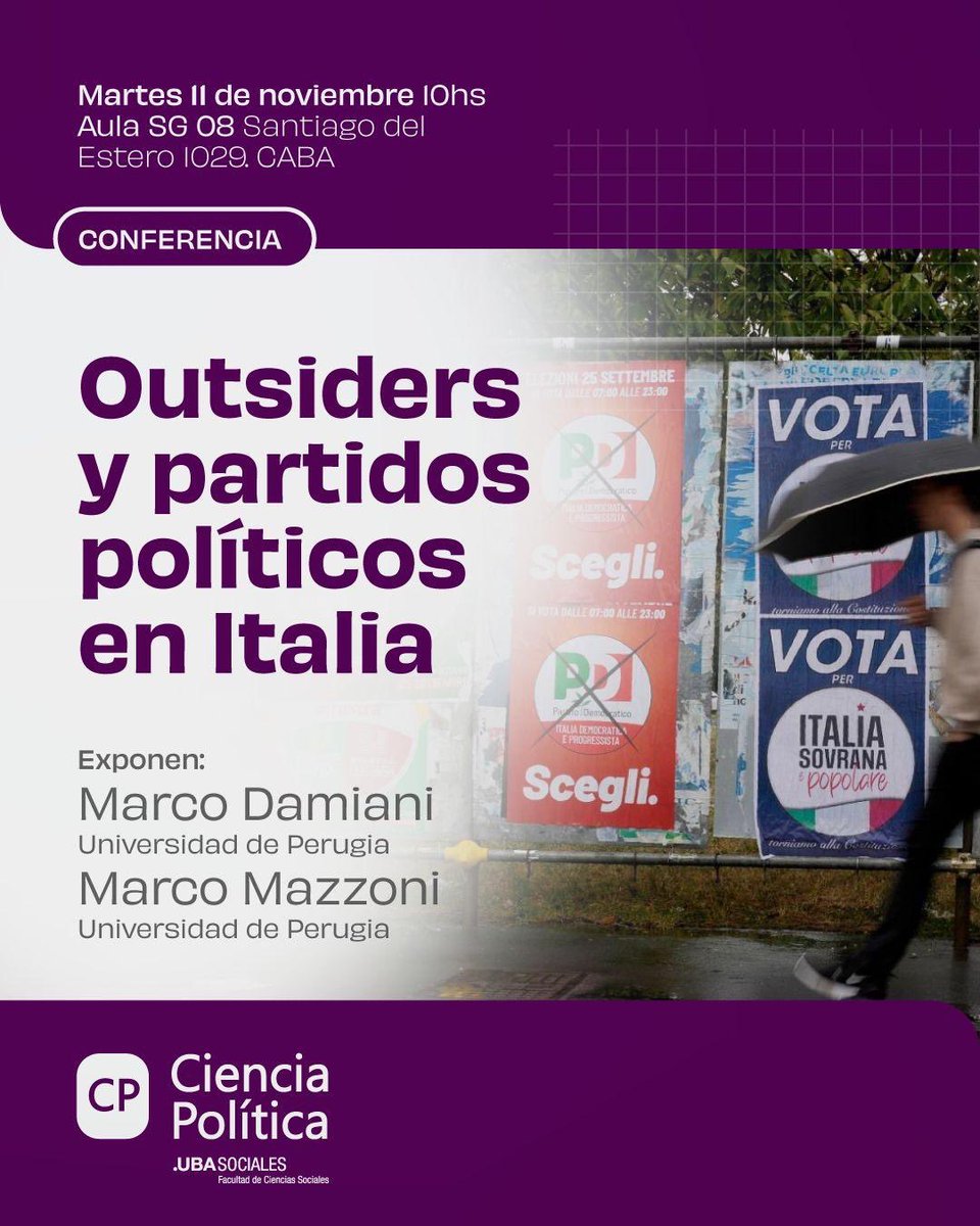 📣 11/11 SUPER MARTES en <a href="/CpoliticaUBA/">Ciencia Política - UBA</a>

🕙 10:00 | Outsiders y partidos políticos en Italia 🇮🇹
📍Aula SG08, Santiago del Estero 1029, CABA

🕔 17:00 | ¿Cómo se leen encuestas y focus groups en un año electoral? 🗳️
📍Aula SGI15

🟣 Ingreso libre y sin inscripción previa