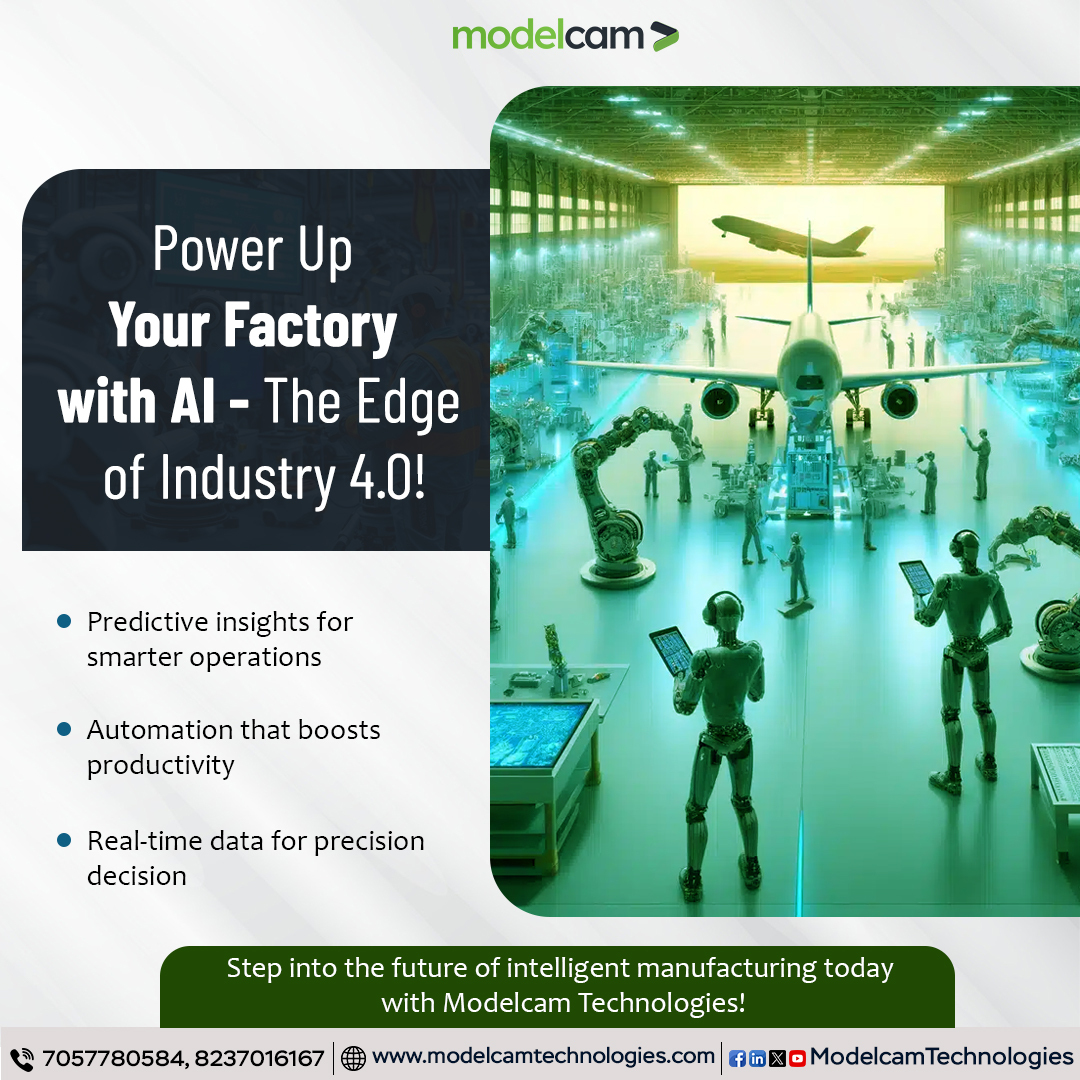 Modelcam's tweet image. AI is revolutionizing factories into smart, efficient, and future-ready hubs! 
#ModelcamTechnologies empowers manufacturers with automation, analytics &amp;amp; predictive insights for peak productivity.

👉 Learn more: tinyurl.com/2s4sajbs

#AIinManufacturing #SmartFactory