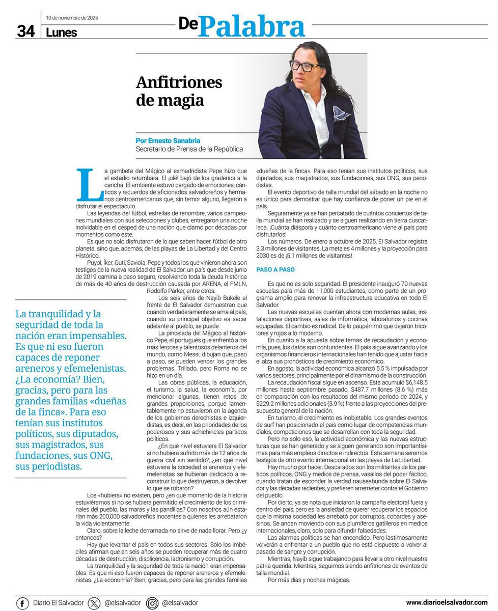 #Política | Esta semana, el Secretario de Prensa, Ernesto Sanabria (<a href="/NetoSanabria/">Neto Sanabria</a>) se refiere al #ClásicoDeLeyendas que se jugó en el renovado <a href="/EstadioElMagico/">Estadio Nacional Jorge “El Mágico” González</a> González.  El partido mostró cuánto ha avanzado #ElSalvador como anfitrión: para deporte, turismo, inversiones... "Los