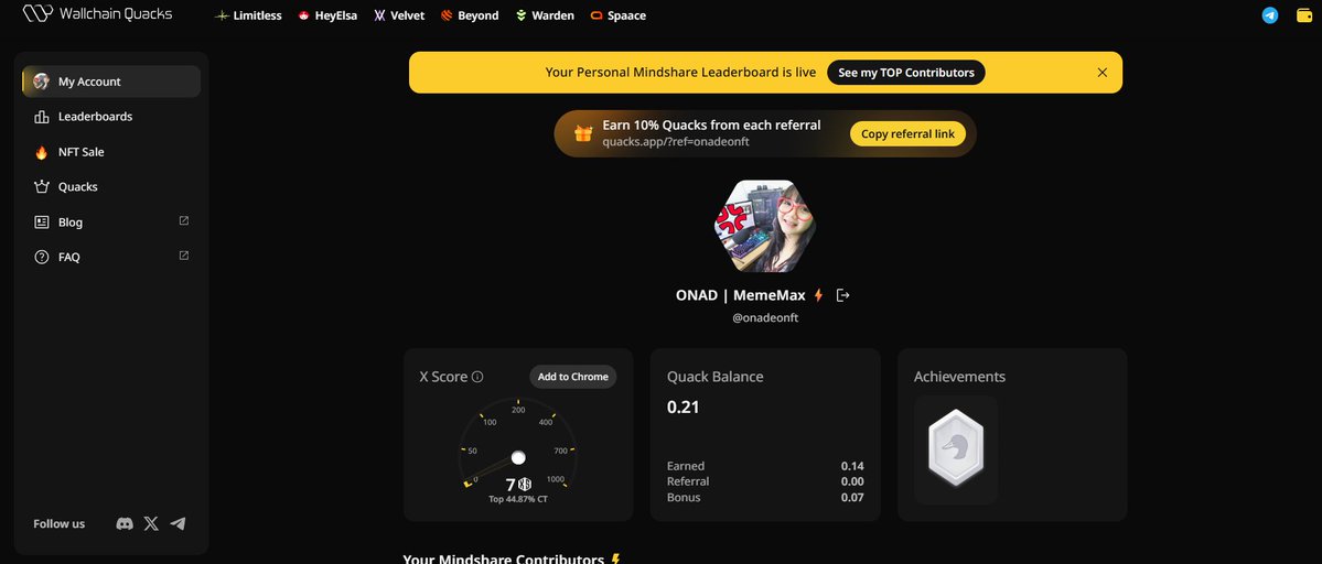 day 1 quack quack
just joined <a href="/wallchain/">Wallchain Quacks</a> <a href="/x__score/">Wallchain X Score</a> , interact and always be active in create content to get quack everyday
im proud to be a supporter 
<a href="/HeyElsaAI/">HeyElsa</a> 
<a href="/trylimitless/">Limitless</a> 
<a href="/idOS_network/">idOS</a> 
<a href="/spaace_io/">Spaace 🟠</a> 
<a href="/wardenprotocol/">Warden</a> 
join being their active supporter quacks.app/?ref=onadeonft