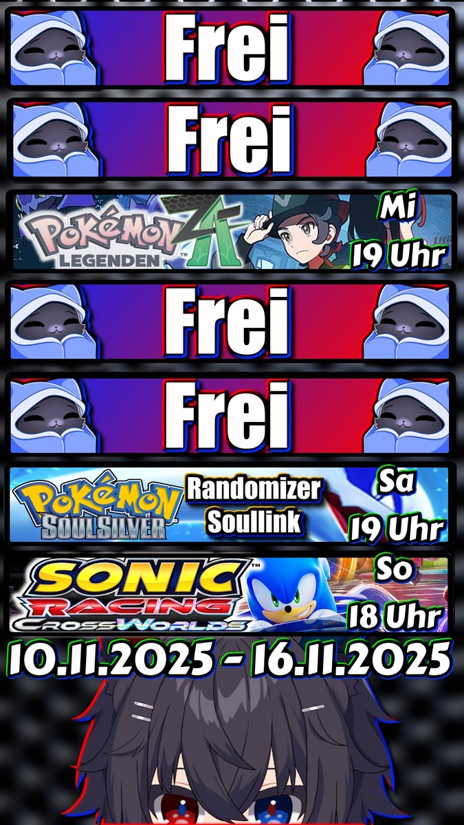 Neuer #Streamplan ist hier 
Mo, Di, Do, Fr : Frei
Mi : Geht es weiter mit Pokemon Legenden Z-A
Sa : Geht weiter mit der Soullink auch mit Darkmoon
So : Startet Sonic Racing Crossworlds mit <a href="/KleinerMuefffin/">KleinerMuefffin</a> 
youtube.com/@irondarkcat?s…
abonniert um nichts zu verpassen^^
#GERVtuber