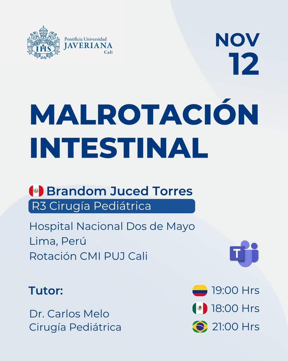 No te pierdas nuestra próxima actividad académica:

🗓️ Miércoles 12 de noviembre, 7 p.m. 
📌 Modalidad virtual en Teams

Link de acceso: teams.microsoft.com/meet/239367447… 

#cirupedjaveriana
#some4pedsurg