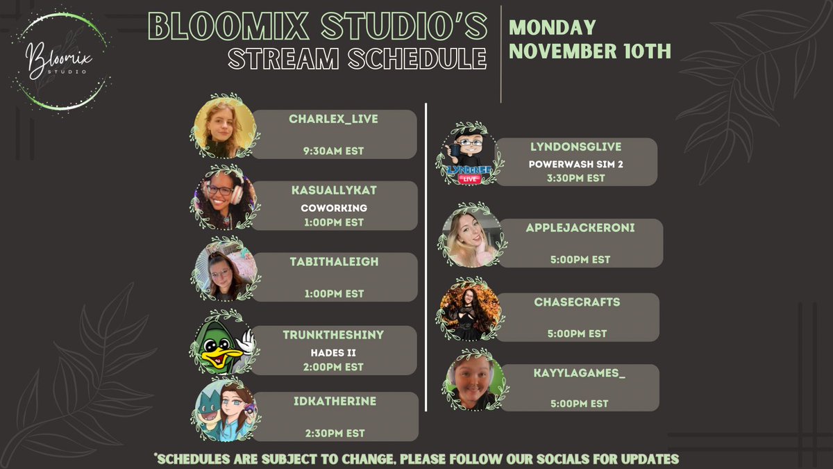 Check out our lineup of streamers going Live ~*• November 10th (part 1) •*~  on their channels 🌿