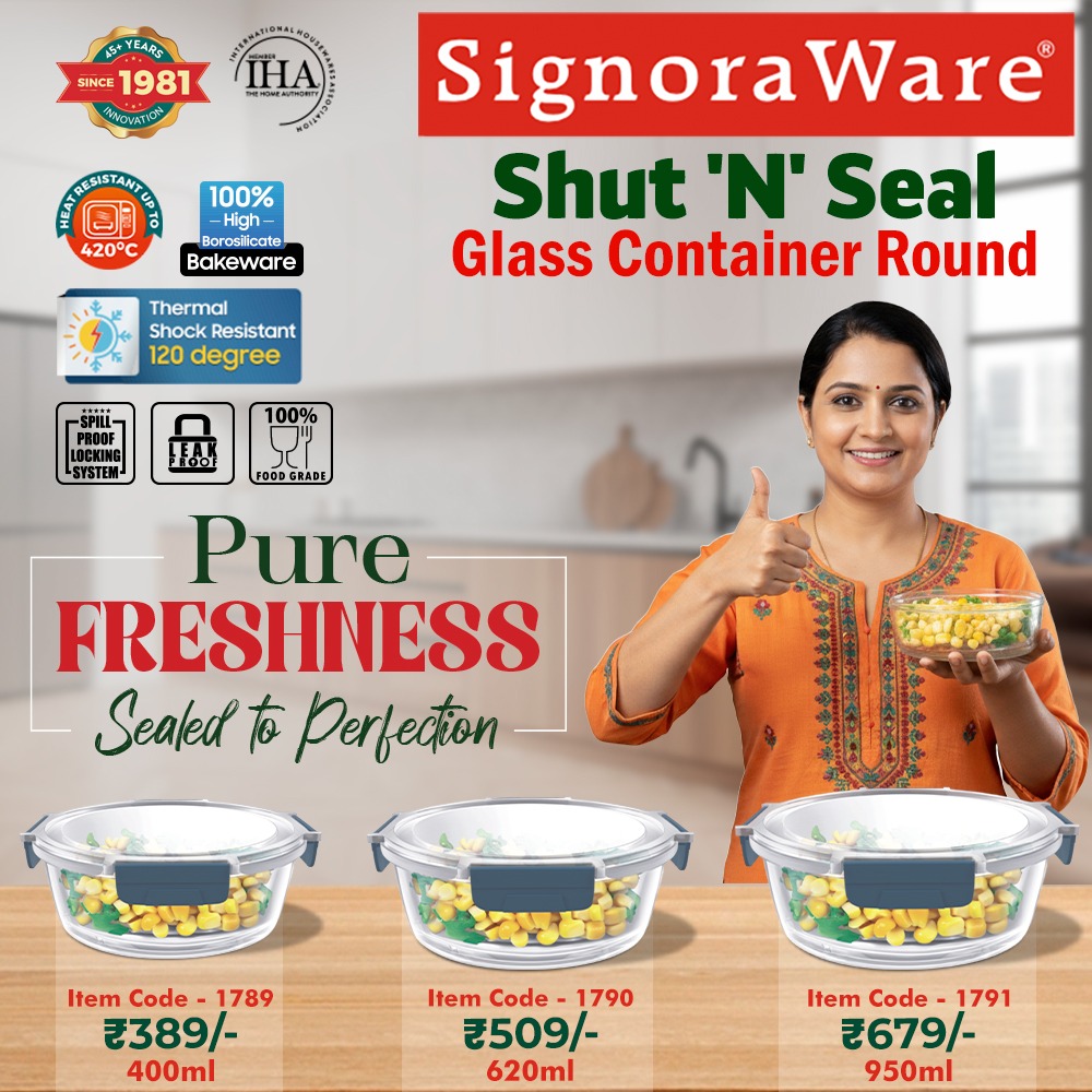 SignoraWare's tweet image. Freshness that stays locked in, just the way you like it. ✨

SignoraWare Shut ’N’ Seal Glass Container Round make everyday storage simple, safe and effortlessly stylish.

#SignoraWare #ShutNSeal #GlassContainers #SmartStorage #KitchenEssentials #MadeInIndia #FreshFoodEveryday