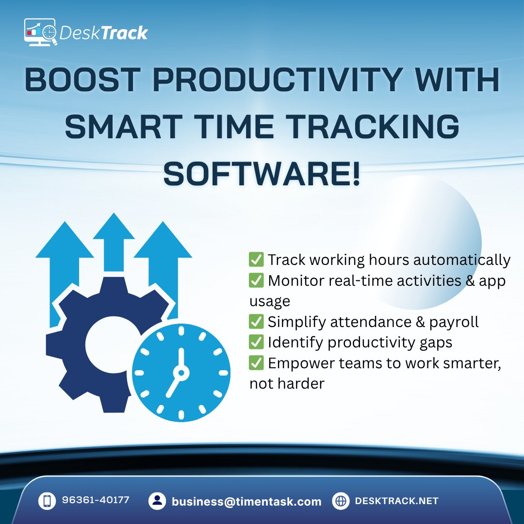 desk_track's tweet image. 🕒 Boost Productivity with Smart Time Tracking Software!
✅ Track working hours automatically
✅ Monitor real-time activities &amp;amp; app usage
✅ Simplify attendance &amp;amp; payroll
✅ Identify productivity gaps
Website: desktrack.timentask.com
#TimeTrackingSoftware #ProductivityTools