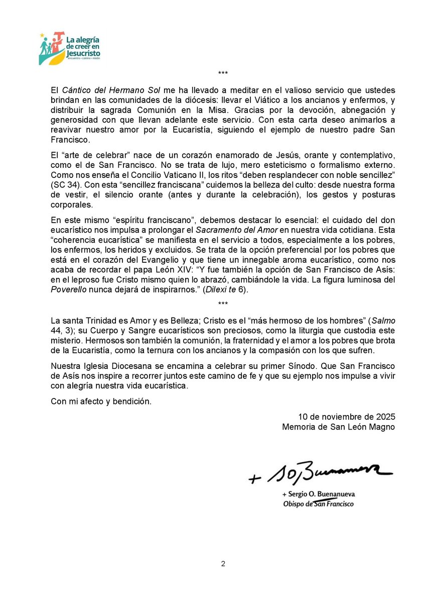 El #obispo Sergio dirige una Carta pastoral a los Ministros extraordinarios de la Comunión inspirándose en las enseñanzas de #SanFranciscoDeAsís.