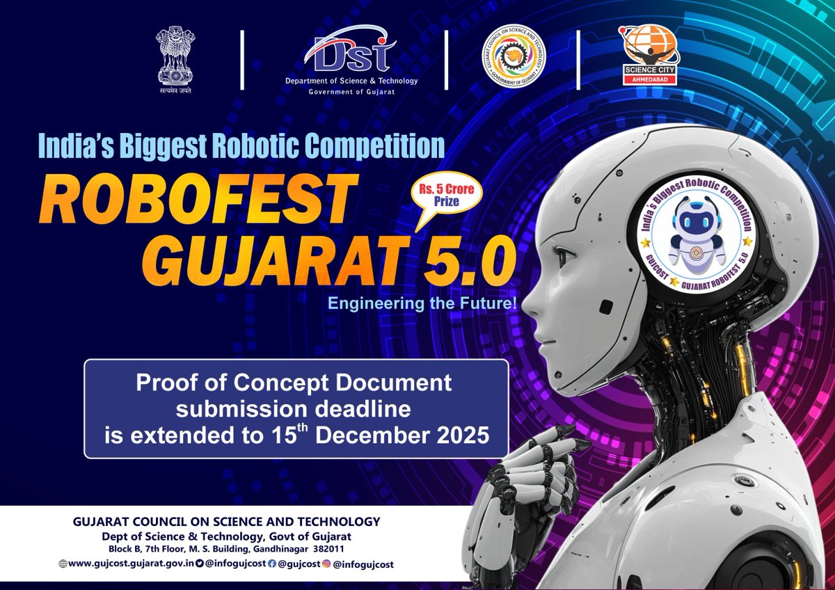 InfoGujcost's tweet image. #Robofest - #Gujarat 5.0 #competition : From #classrooms to #creation labs — young #innovators are redefining technology! Each #robot built is a step towards a smarter, self-reliant #India. The competition is at the second level of #ProofofConcept where the ideas take shape! 
To…
