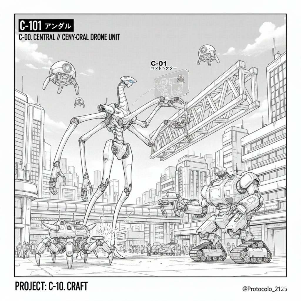 protocolo2125's tweet image. 大規模な建設と組み立て (Daikibo na kensetsu to kumitate) 最も背が高く、細身の構造で、長い首を持つ。高層ビルの建設現場などでの高精度な資材の取り扱いのために設計された4本の長い関節アームが特徴。
C-10. クラフト (C-10. CRAFT)// 重作業マニピュレーター 地上での操作と重作業